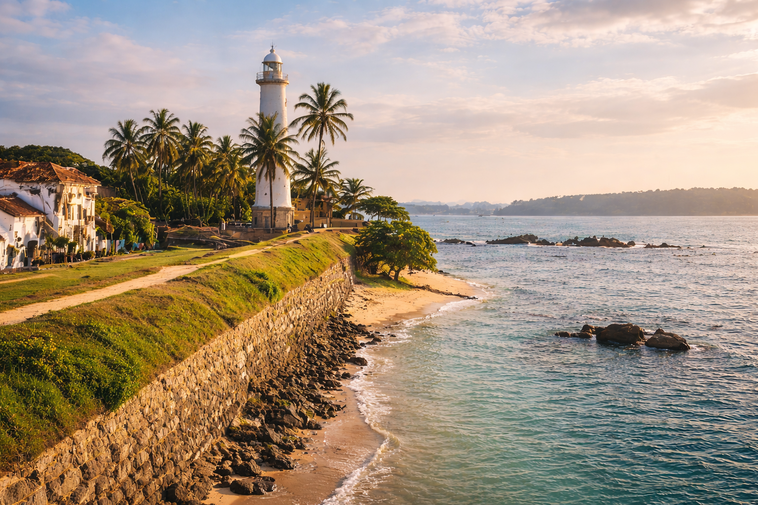 Galle Fort lighthouse and ramparts in late afternoon light