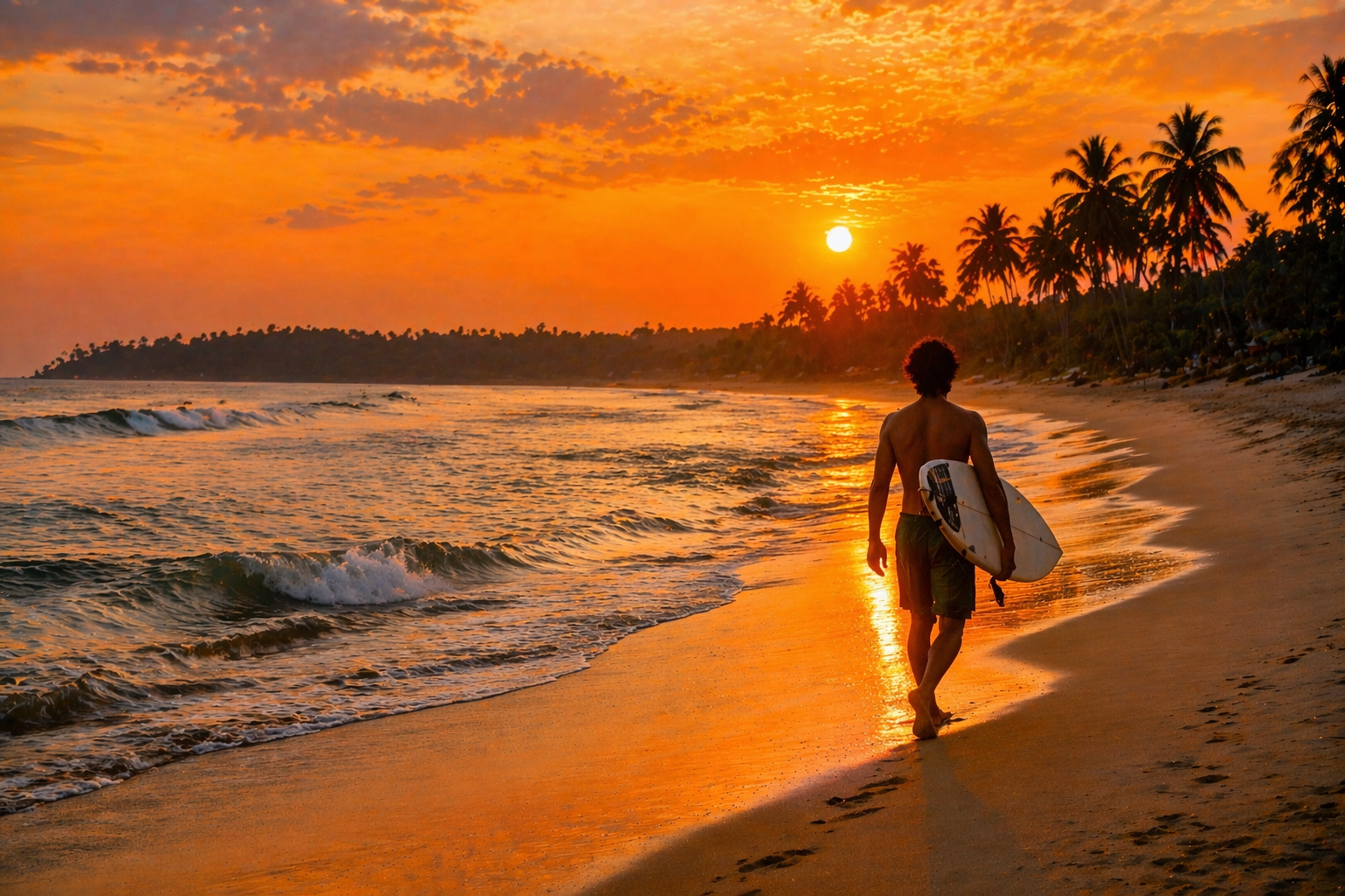 Arugam Bay beach with golden light and gentle surf