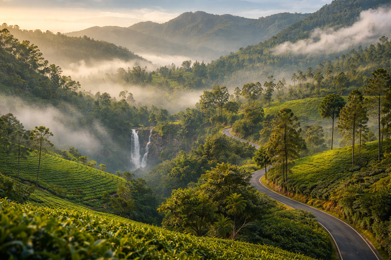 cool misty Ella or Nuwara Eliya tea-estate landscape