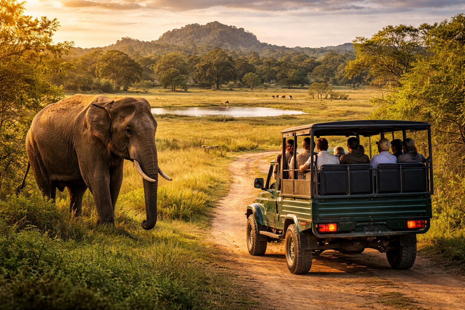 safari jeep with elephant or wildlife scene