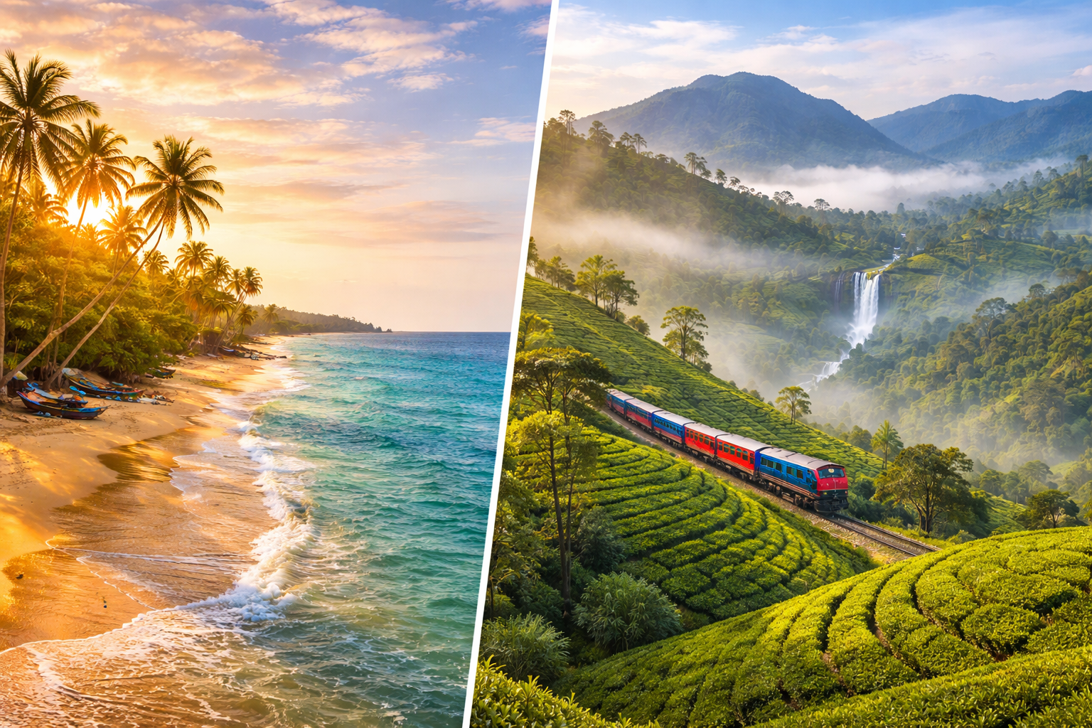 split visual showing sunny south coast and lush hill country