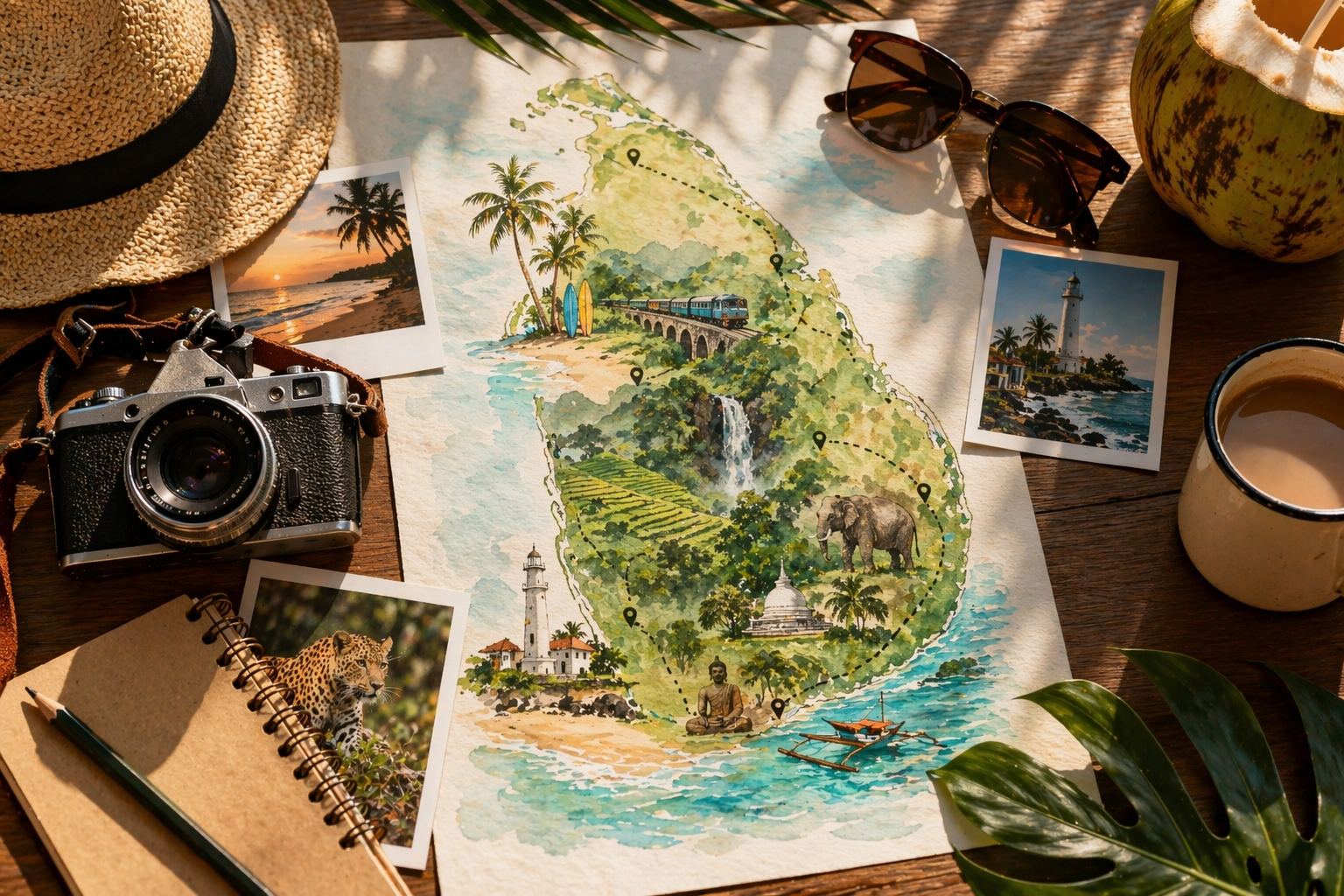 Sri Lanka custom route map with beach